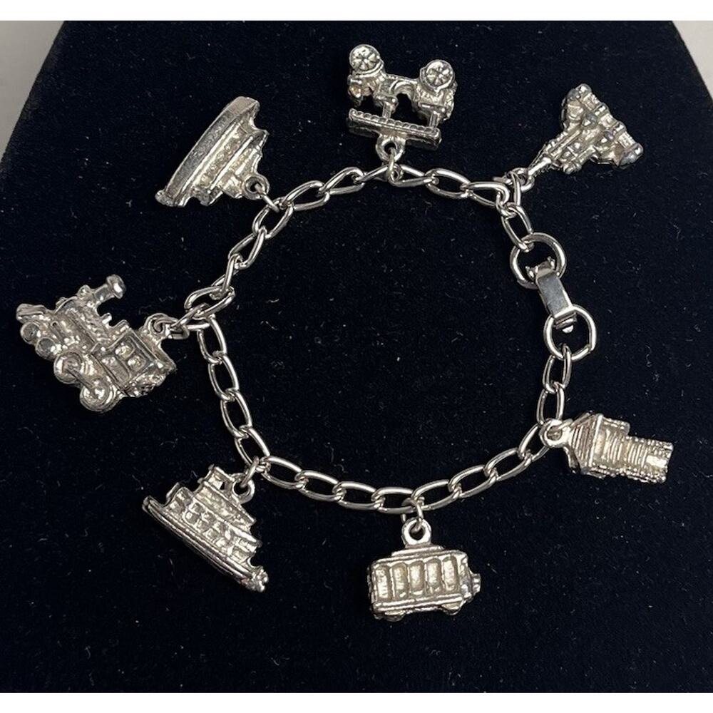Vintage Childs Charm Bracelet Silver Tone 1980s Era Transportation 7 Pc 5.75"